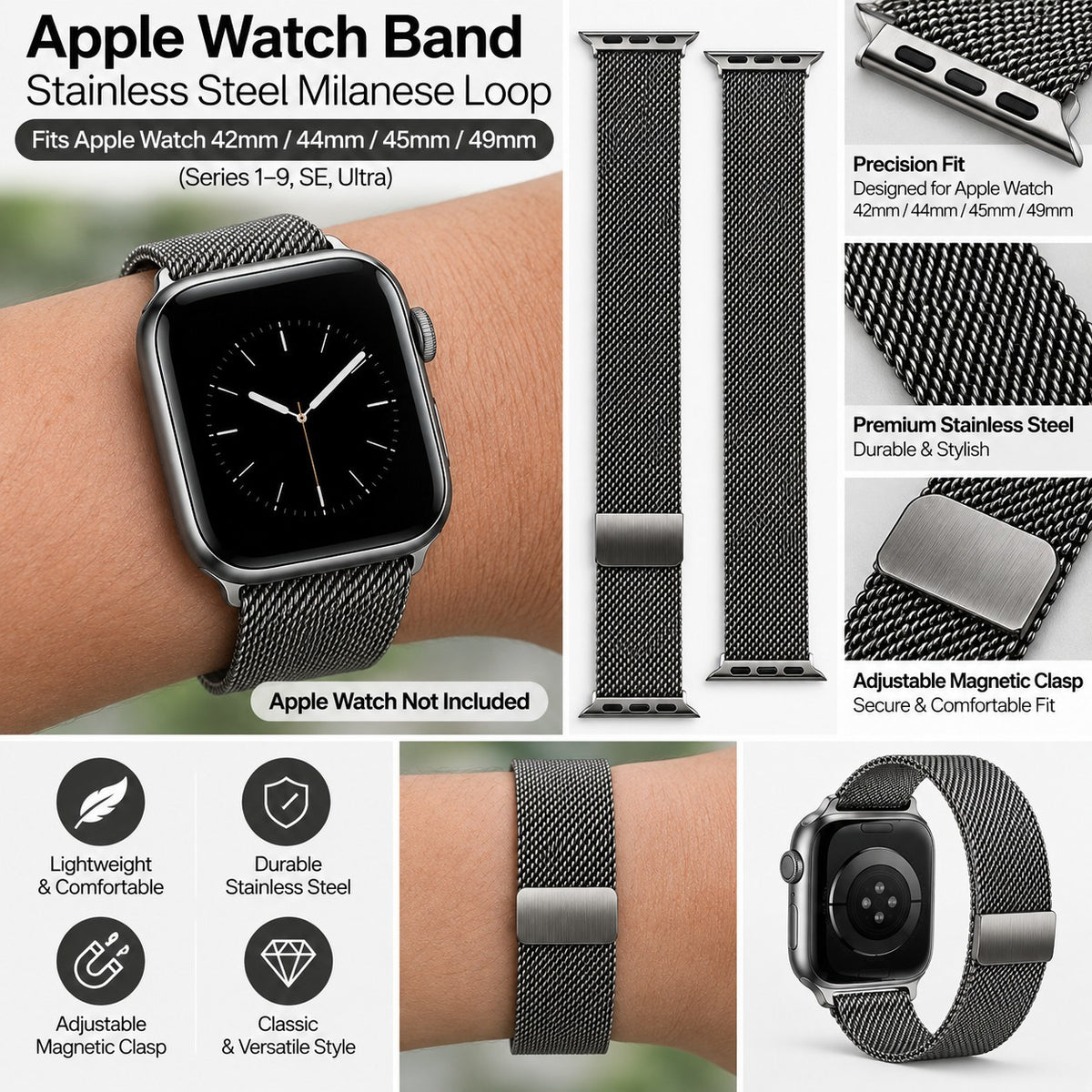 Apple Watch Milanese Loop Mesh Band 42/44/45/49mm Black Stainless Steel...