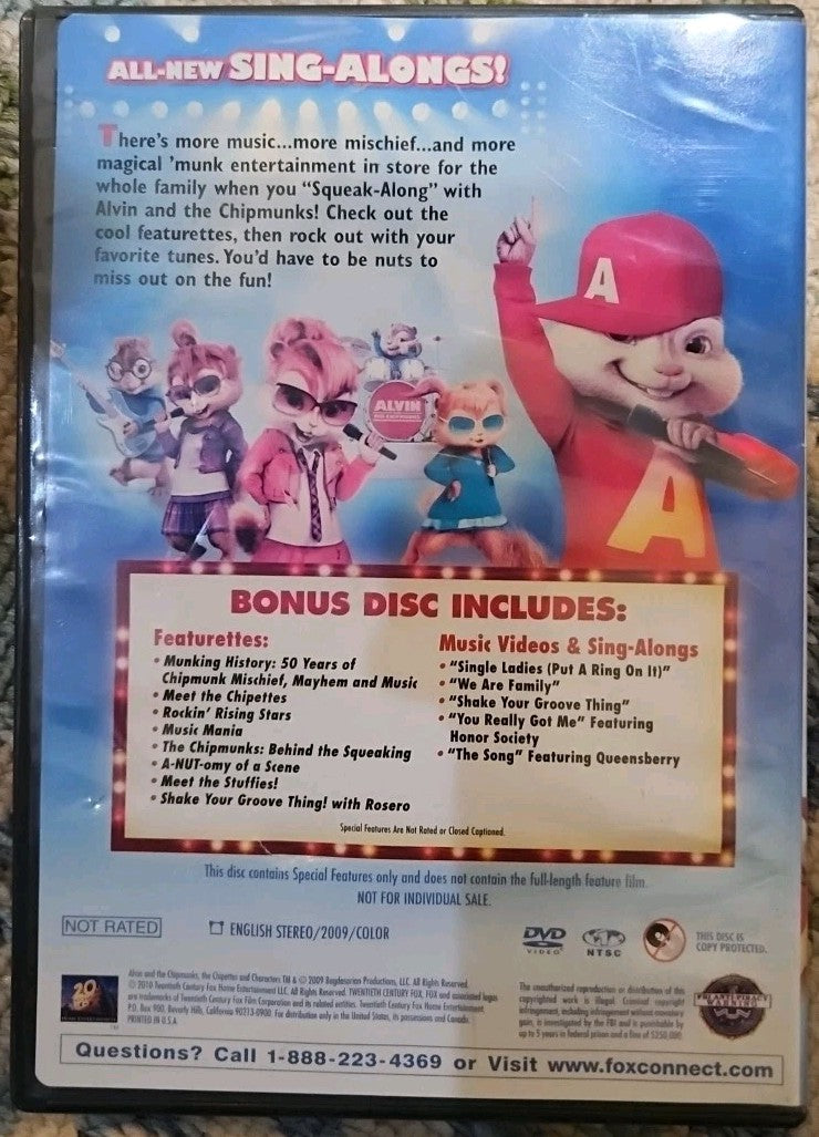 Alvin & the Chipmunks + Squeakquel + Squeak Along  (3- DVDs) Tested. New Cases. 
