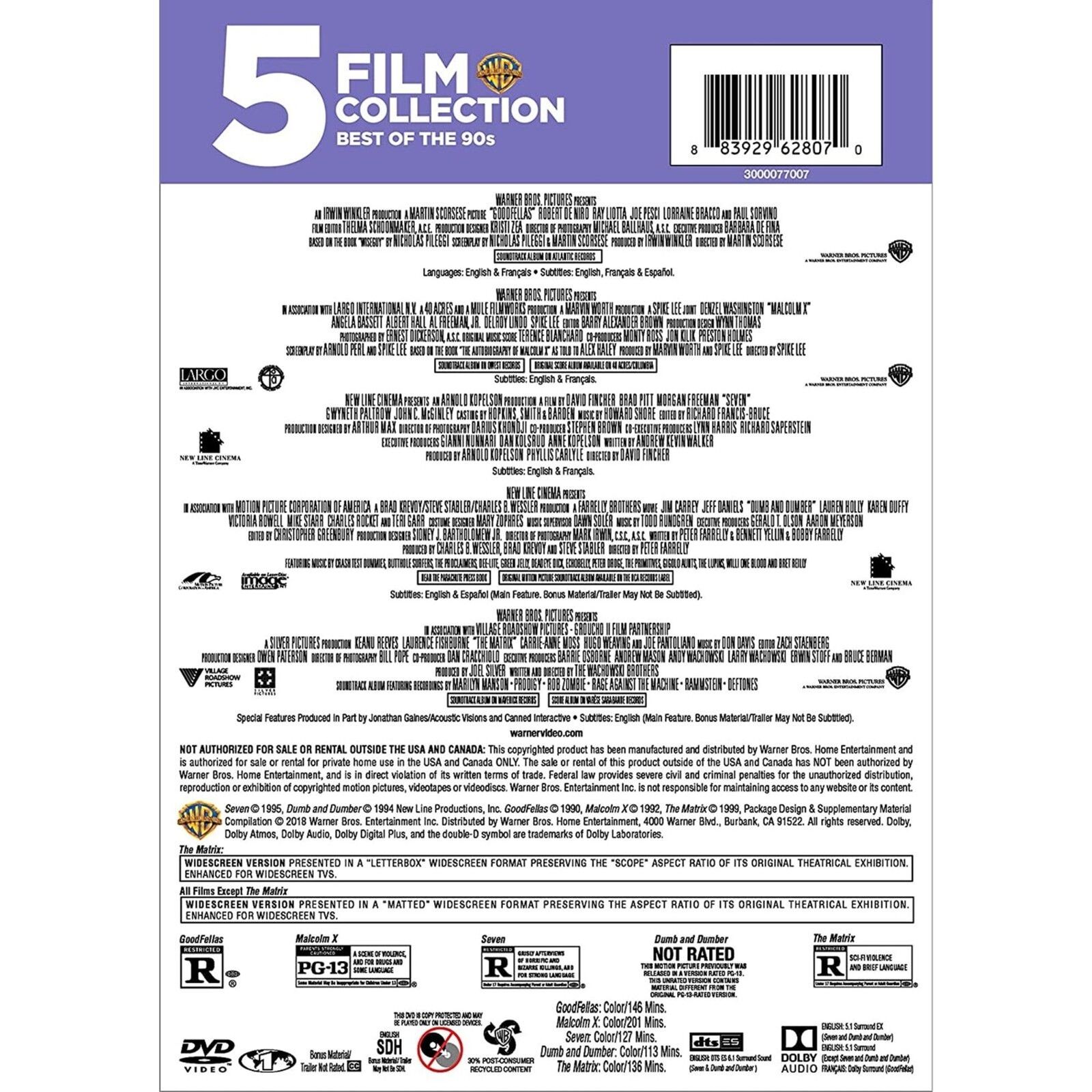 5 Movies DVD - Goodfellas / Malcom X / Seven / Dumb & Dumber / Matrix (New)