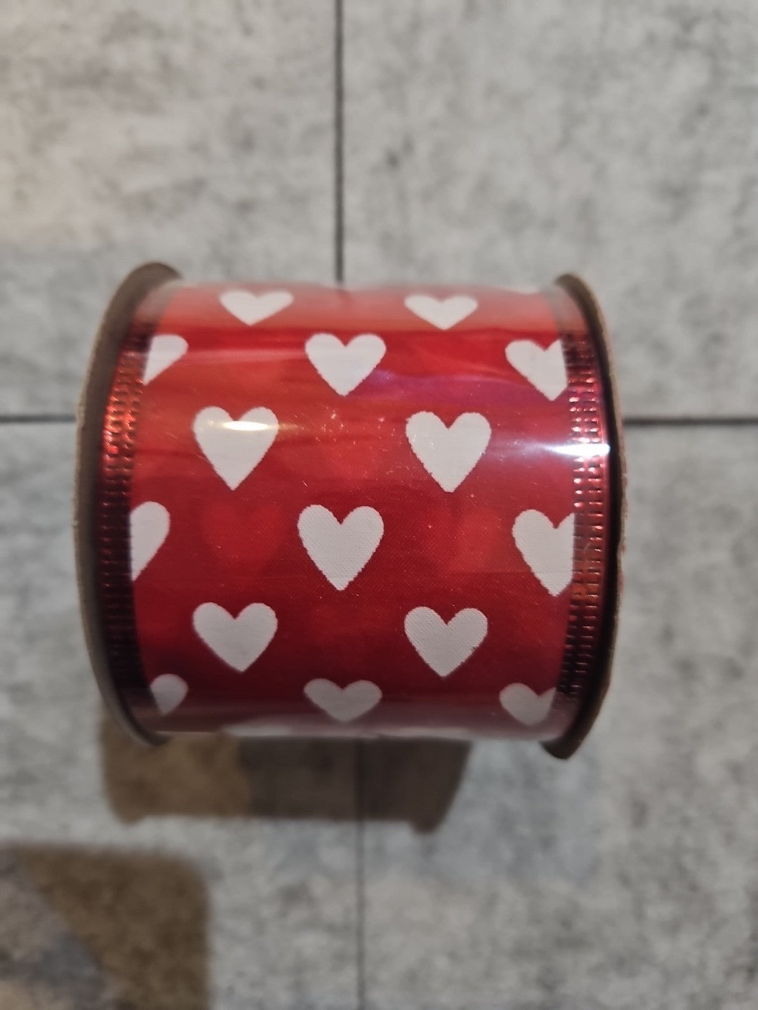 White Hearts On Red Ribbon 2.5 Inch x 9 Feet