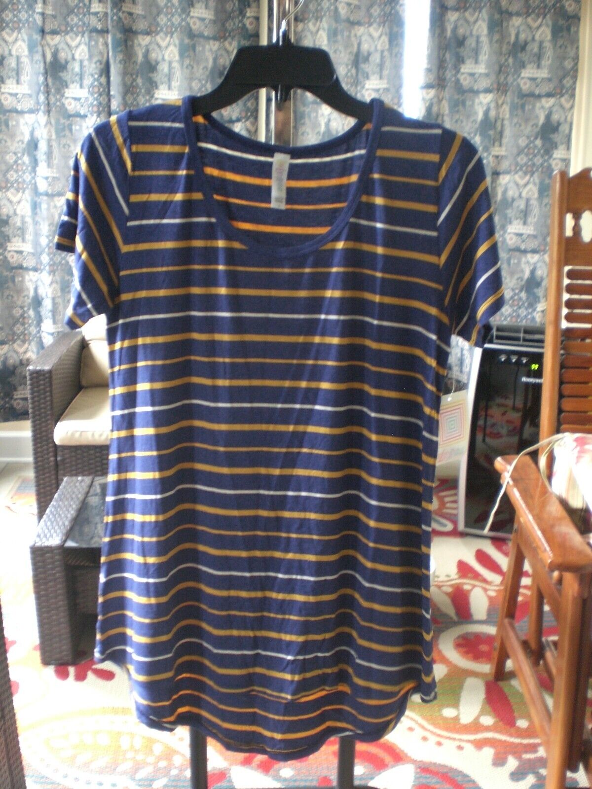 LuLaRoe Classic T Shirt Top Blouse Blue Mustard White Stripe NEW with Tags