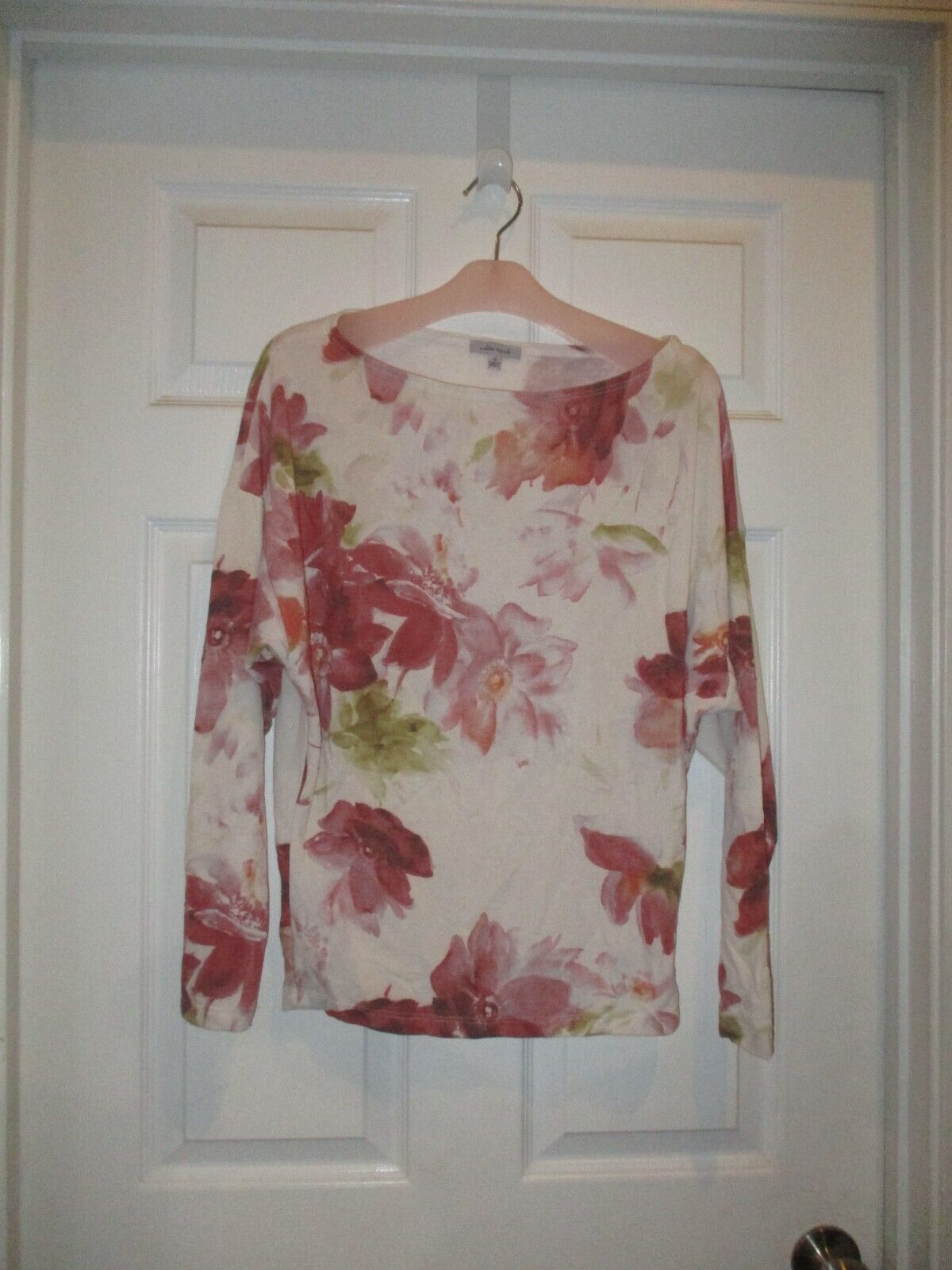 White Birch Ivory Pink Green Floral Dolman Knit Top Small