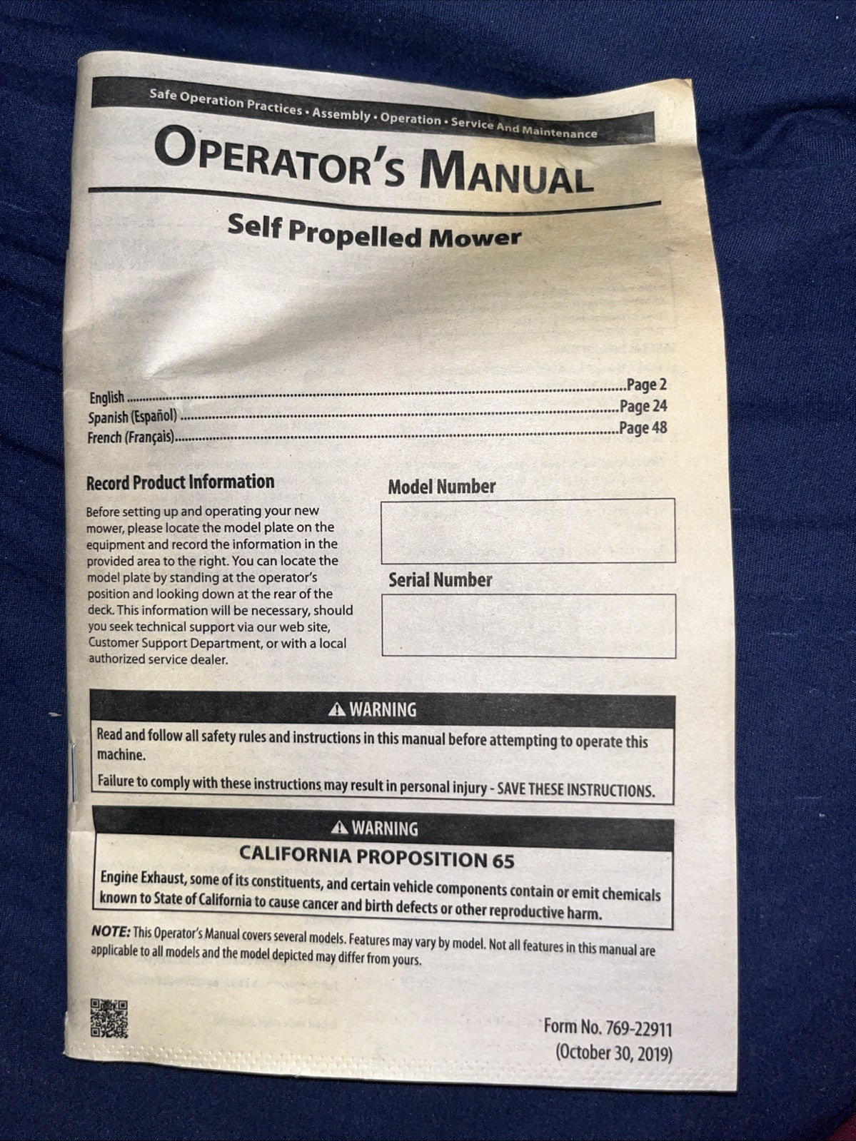 Troy-Bilt TB210B self-propelled lawn mower's operator's manual