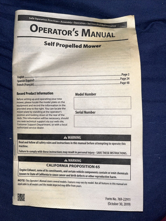 Troy-Bilt TB210B self-propelled lawn mower's operator's manual
