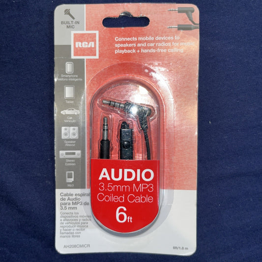 NEW RCA Audio 3.5 mm MP3,MP4 Coiled Cable 6 ft/1.8 m W/Built In Mic AH208CMICR