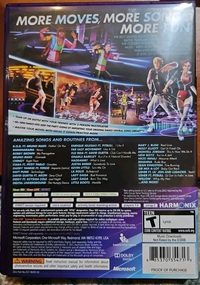 Dance Central 2 (Microsoft Xbox 360, 2011) Tested. No Scratches