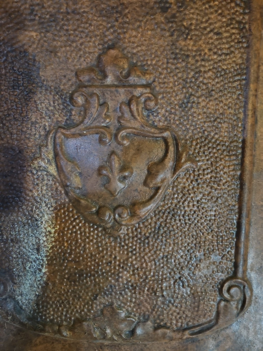 Bronze Colored Stamped Steel Fireplace Antique Cover ~27” x 22”