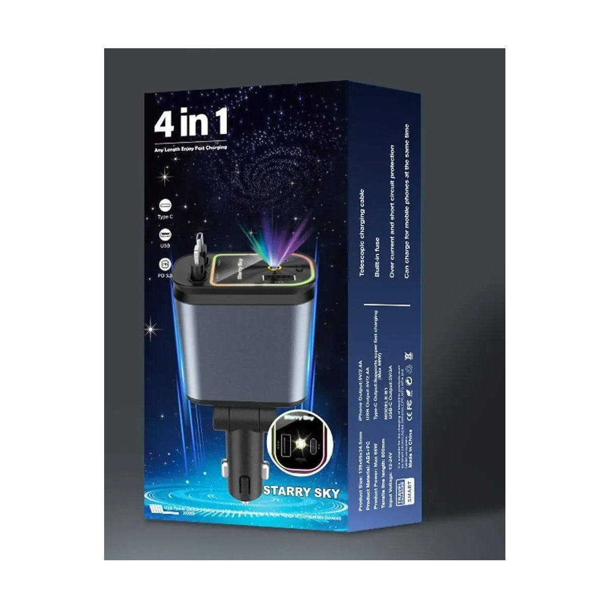 66 W Retractable USB-C Car Phone Charger with starlights