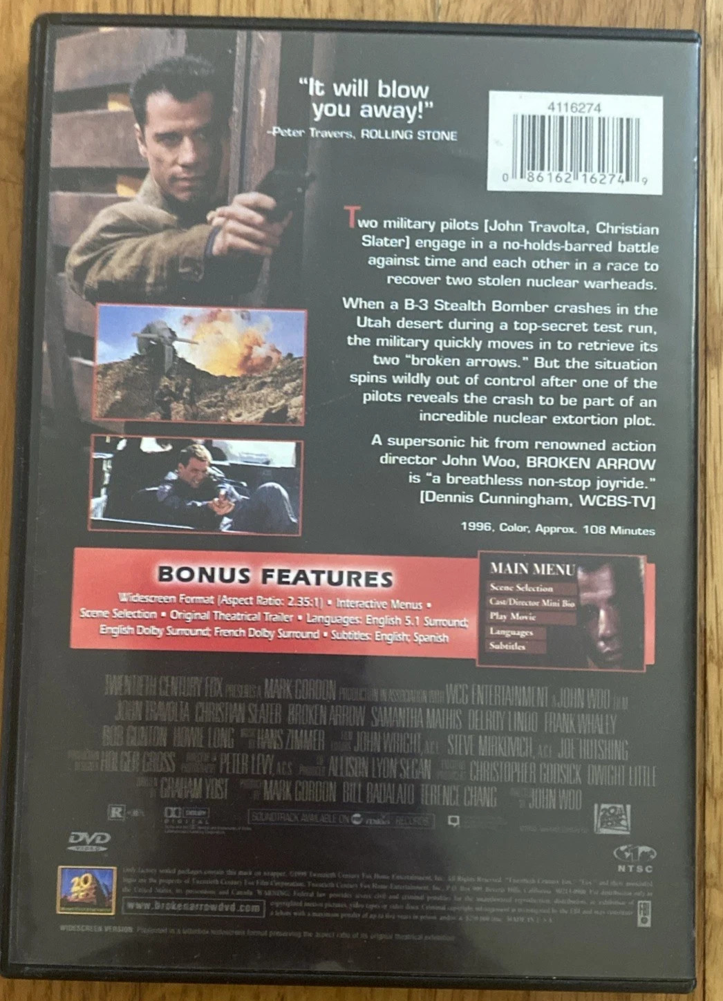Broken Arrow (DVD, 1996) John Travolta, Christian Slater, John Woo