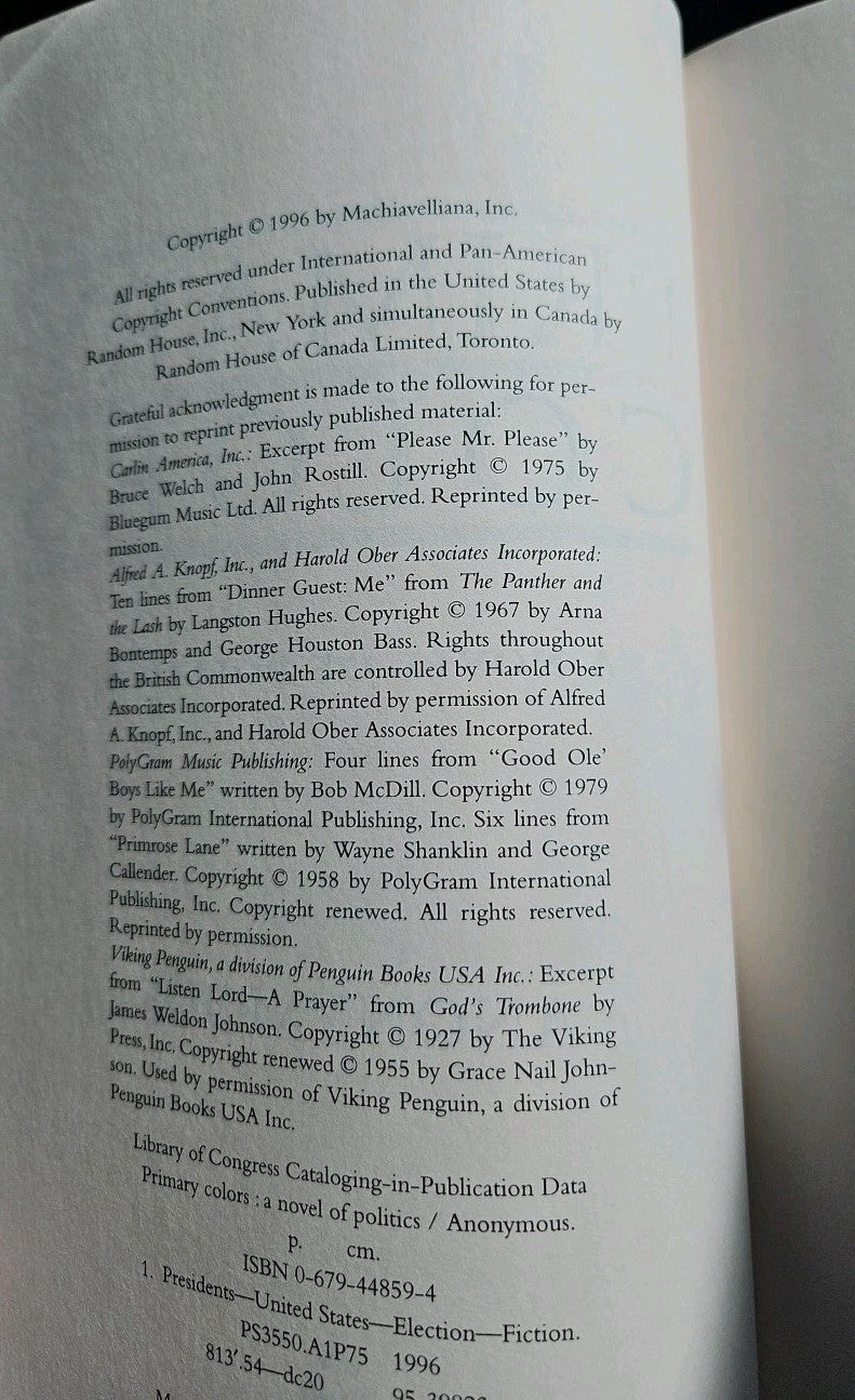 Primary Colors : A Novel of Politics by Not Available (1996, Hardcover)