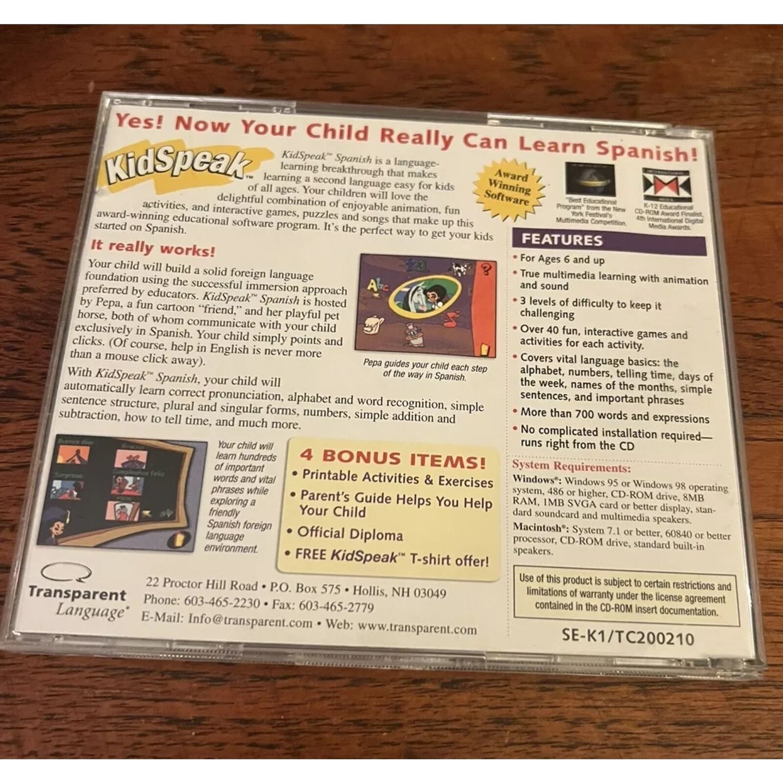 Kidspeak Spanish (PC-CDROM) For Ages 6+ by Transparent Language - New Sealed.