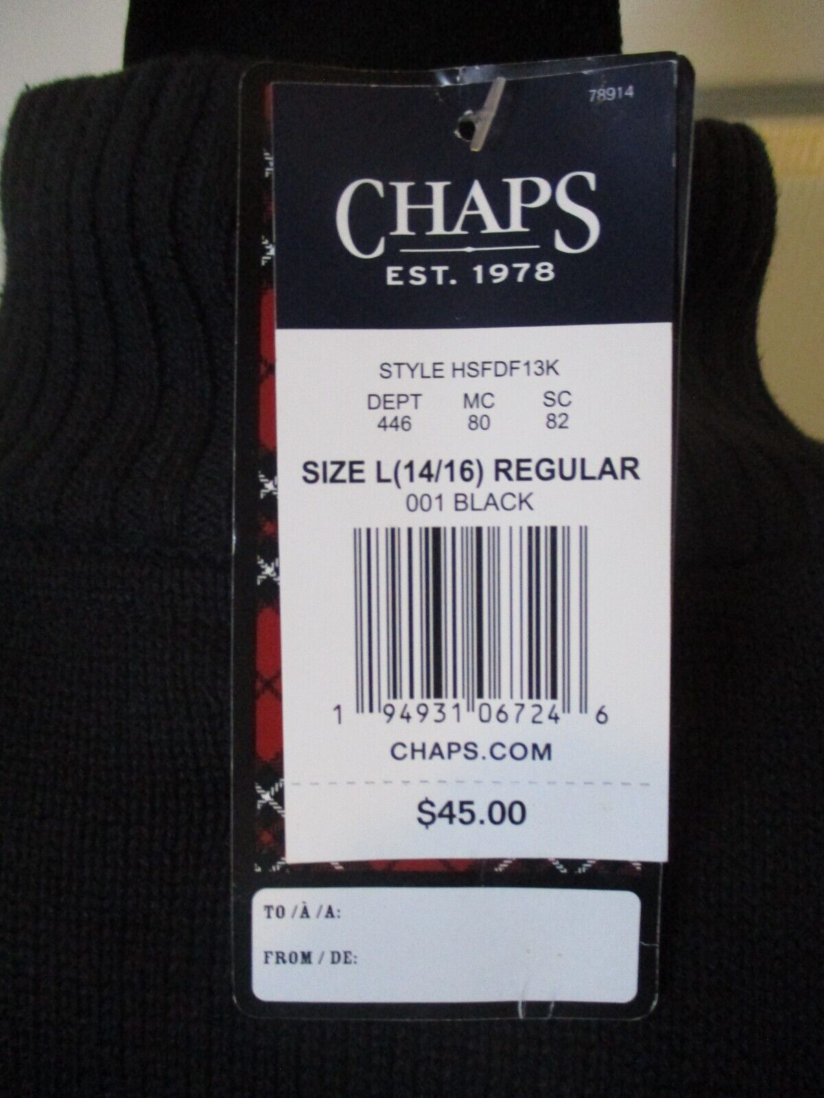 NWT Chaps Boy Youth Sweater Black White Large 14/16