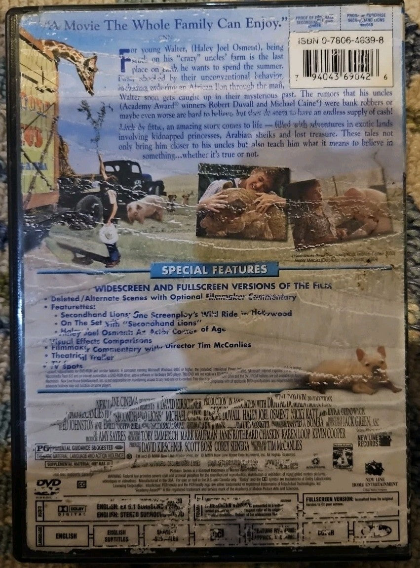 Secondhand Lions (DVD, 2003) Damaged Artwork. Tested. New Case