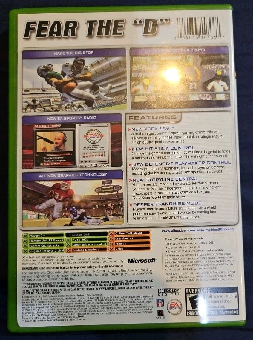 Madden NFL 2005 (Microsoft Xbox, 2004) Tested. No Scratches. New Case.