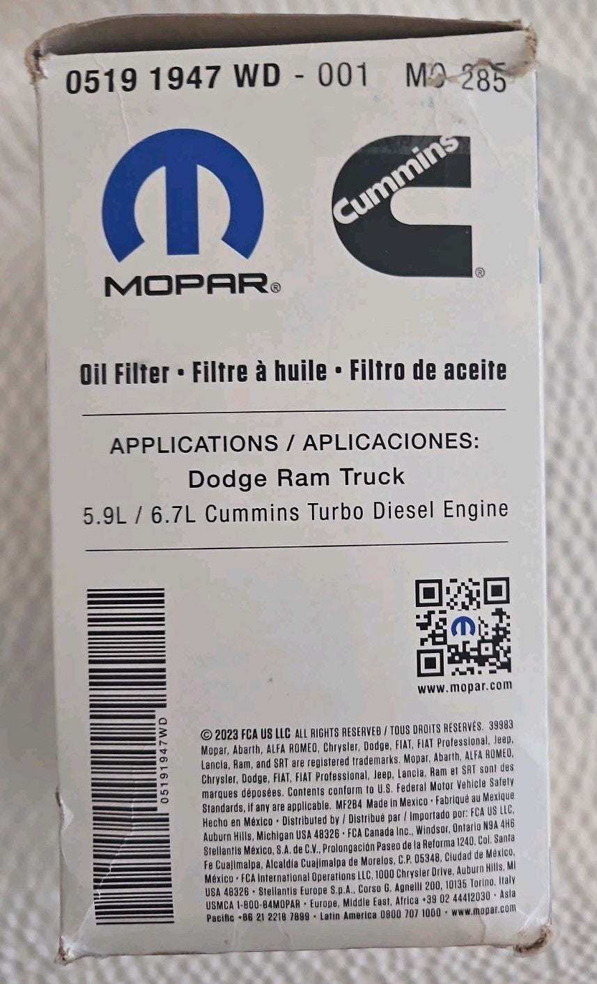 1989-2020 Dodge Ram Cummins5.9L 6.7L Diesel Oil Filter OEM# 5083285AA MO-285