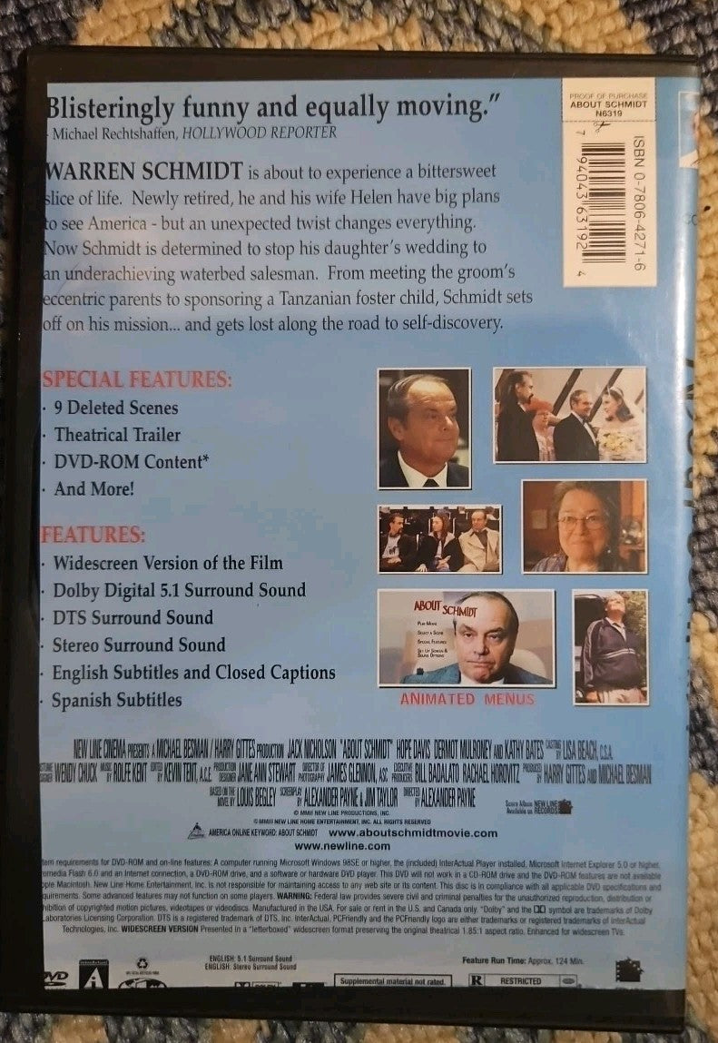 About Schmidt (DVD, 2002) Tested. Slim Case.  Cropped Artwork