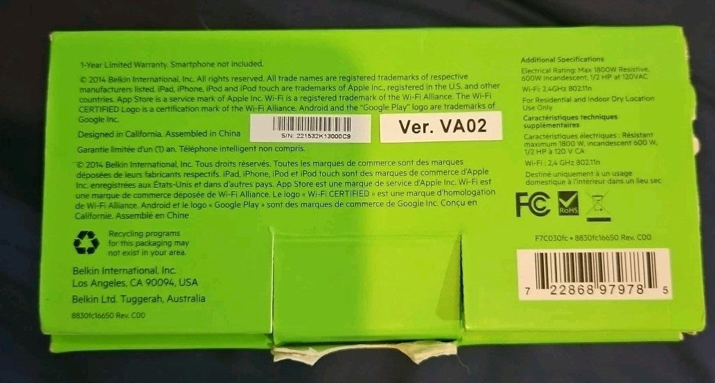 Belkin F7C030FC Wemo Smart Light Switch - White