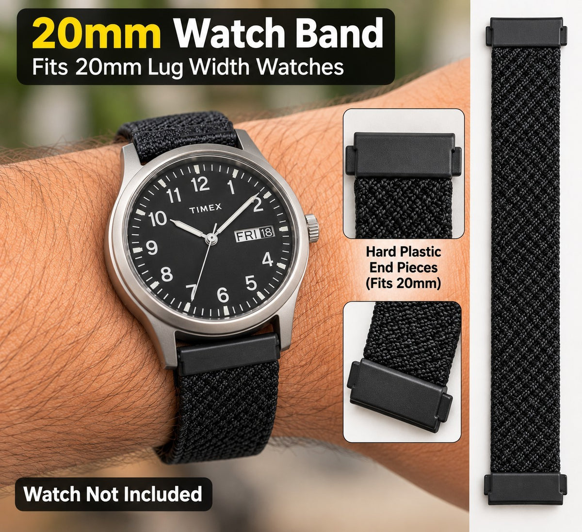 20mm Stretch Watch Band Black Woven Magnetic Clasp Elastic Replacement