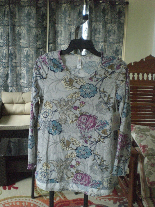 LuLaRoe Lynnae Shirt Top Blouse NWT Gray with Pink Blue Beige Floral SMALL