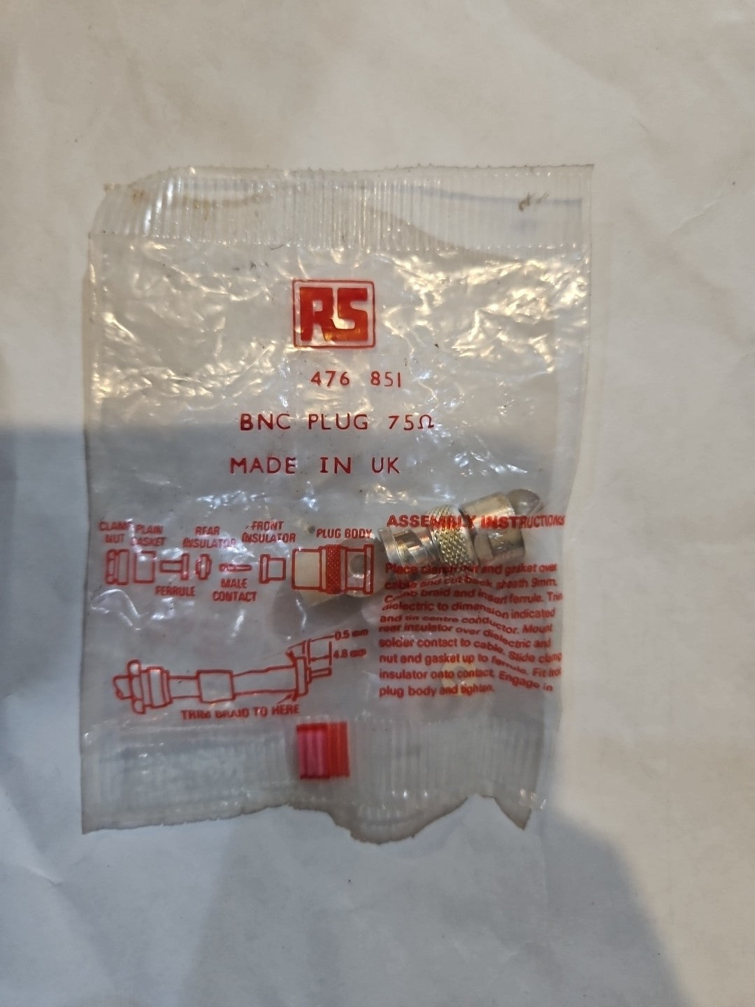 RS 476 851 BNC Plug 75 Ohm Connector