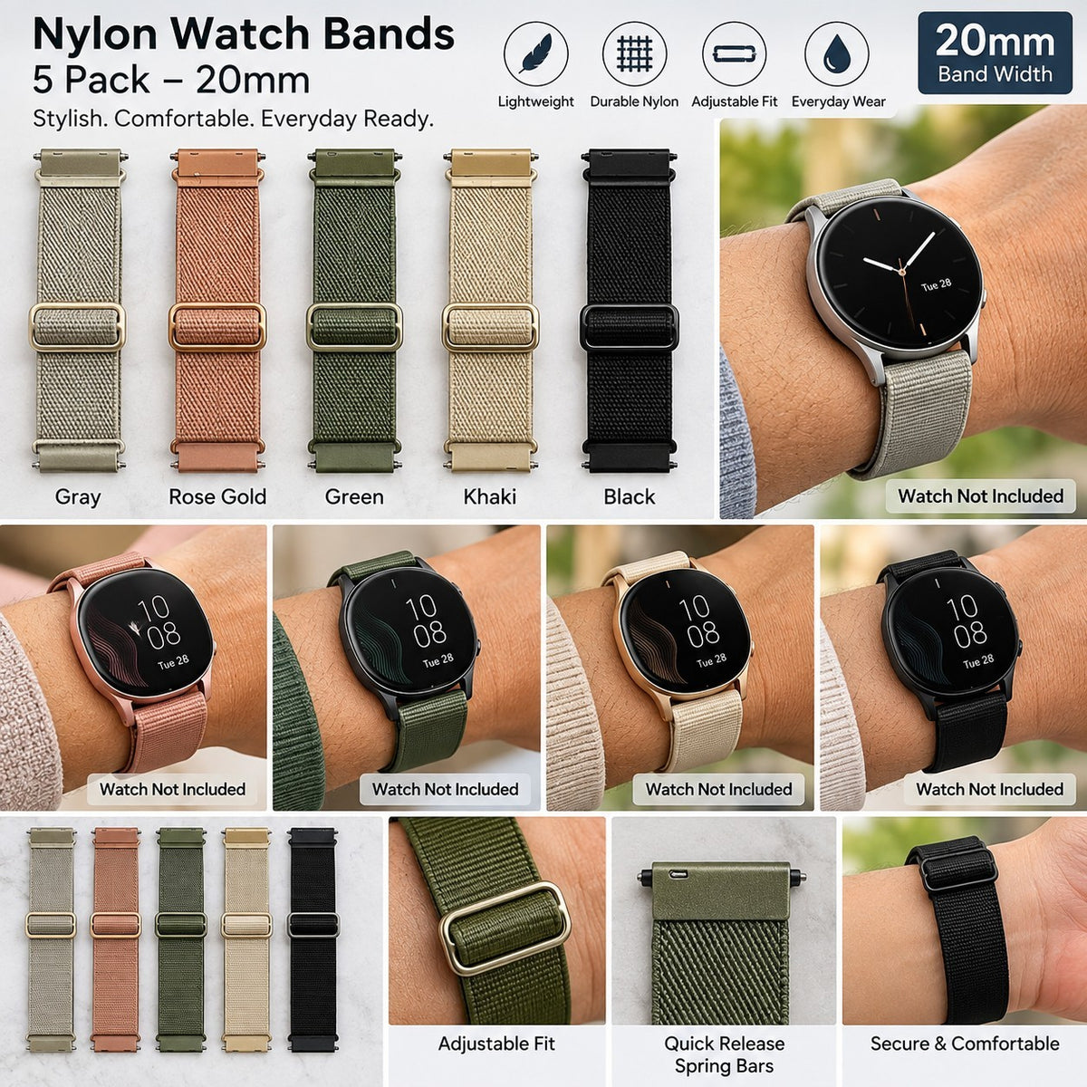5 Pack 20mm Nylon Watch Bands Gray Rose Gold Green Khaki Black Quick...