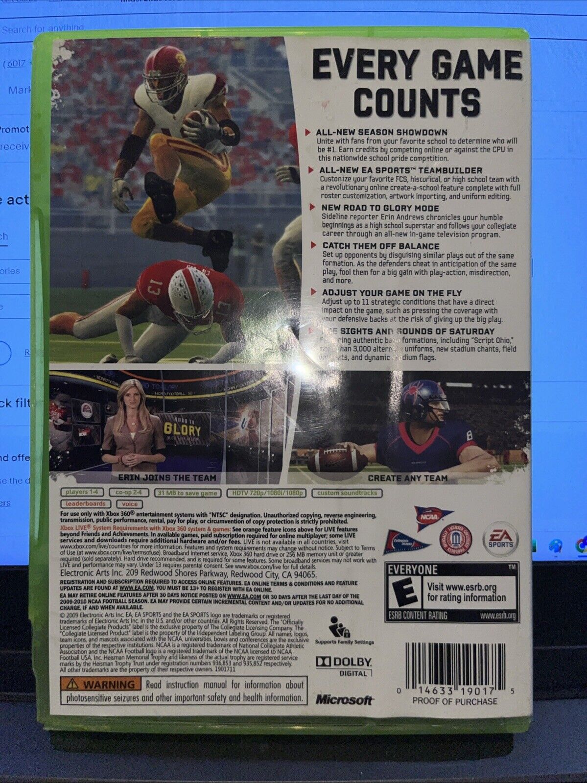 NCAA Football 10 - Microsoft Xbox 360 - Cover Liner Wear.  Tested.