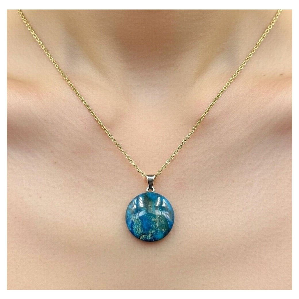 Genuine Sea Blue Jasper Coin Pendant Tested 18" Gold Plated Necklace