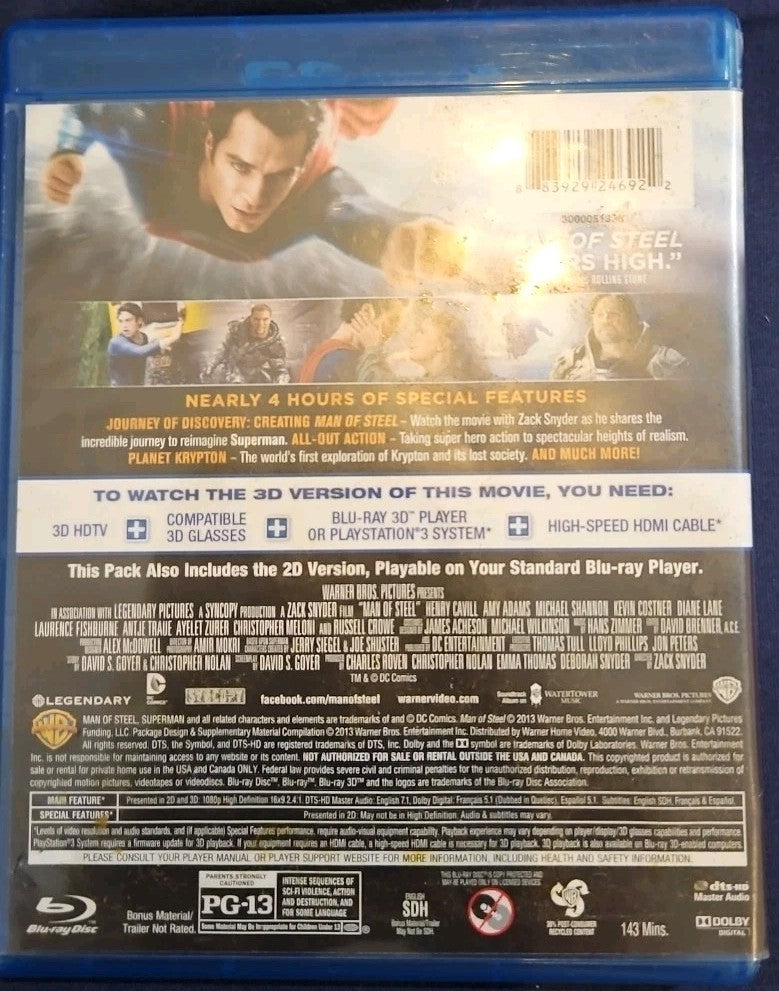 Man of Steel (Blu-ray 3D, Blu-ray, DVD) No Digital Download. New Sealed