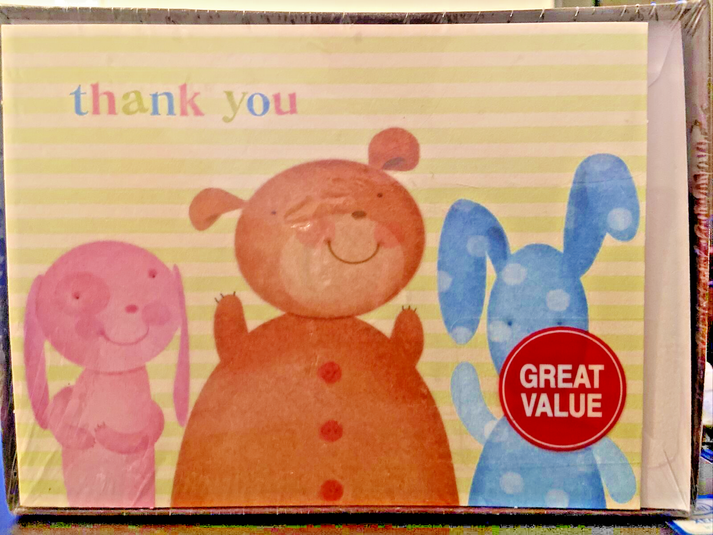 Hallmark Pink Bunny-Brown Bear-Blue Puppy Thank You Cards w/ Envelopes Box of 20