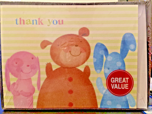 Hallmark Pink Bunny-Brown Bear-Blue Puppy Thank You Cards w/ Envelopes Box of 20