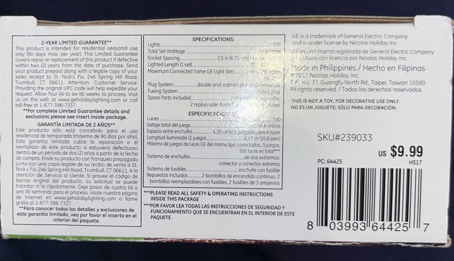 GE Constant On 100 Multi-color Miniature Lights Green Wire