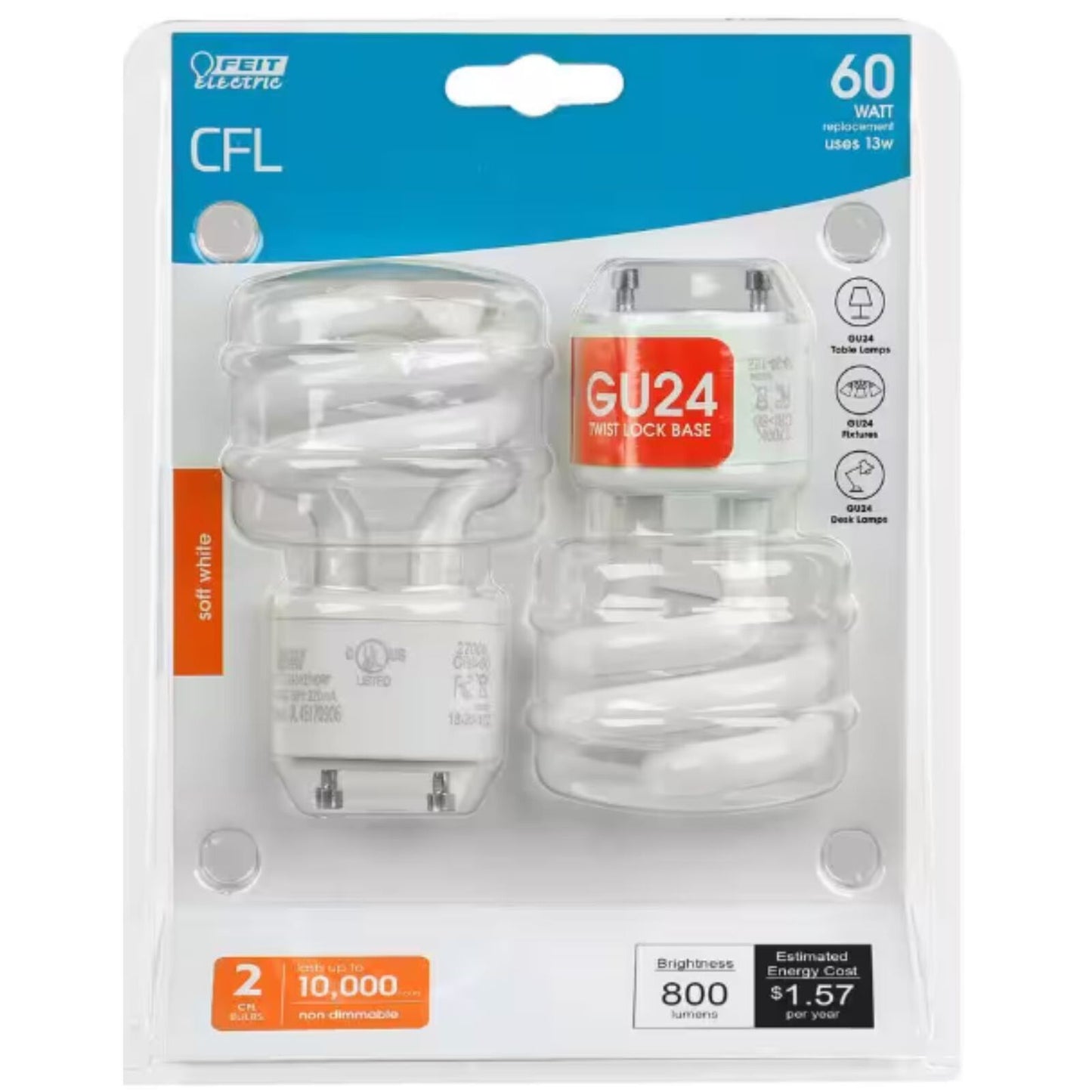 Feit Electric GU24 60 Watt equivalent (13 Watt Actual) 800 Lumens Bulbs 2-Pack