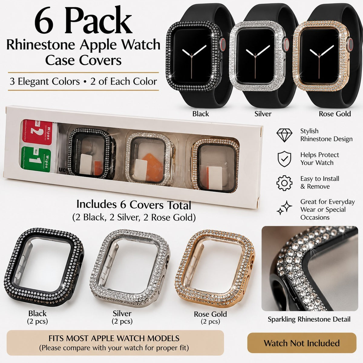 6 Pack Rhinestone Apple Watch Case Covers Black Silver Rose Gold Bling...
