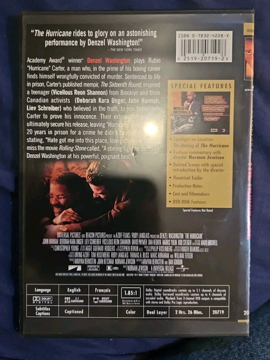 The Hurricane (DVD, 1999) Slimcase. Cropped Sleeve.