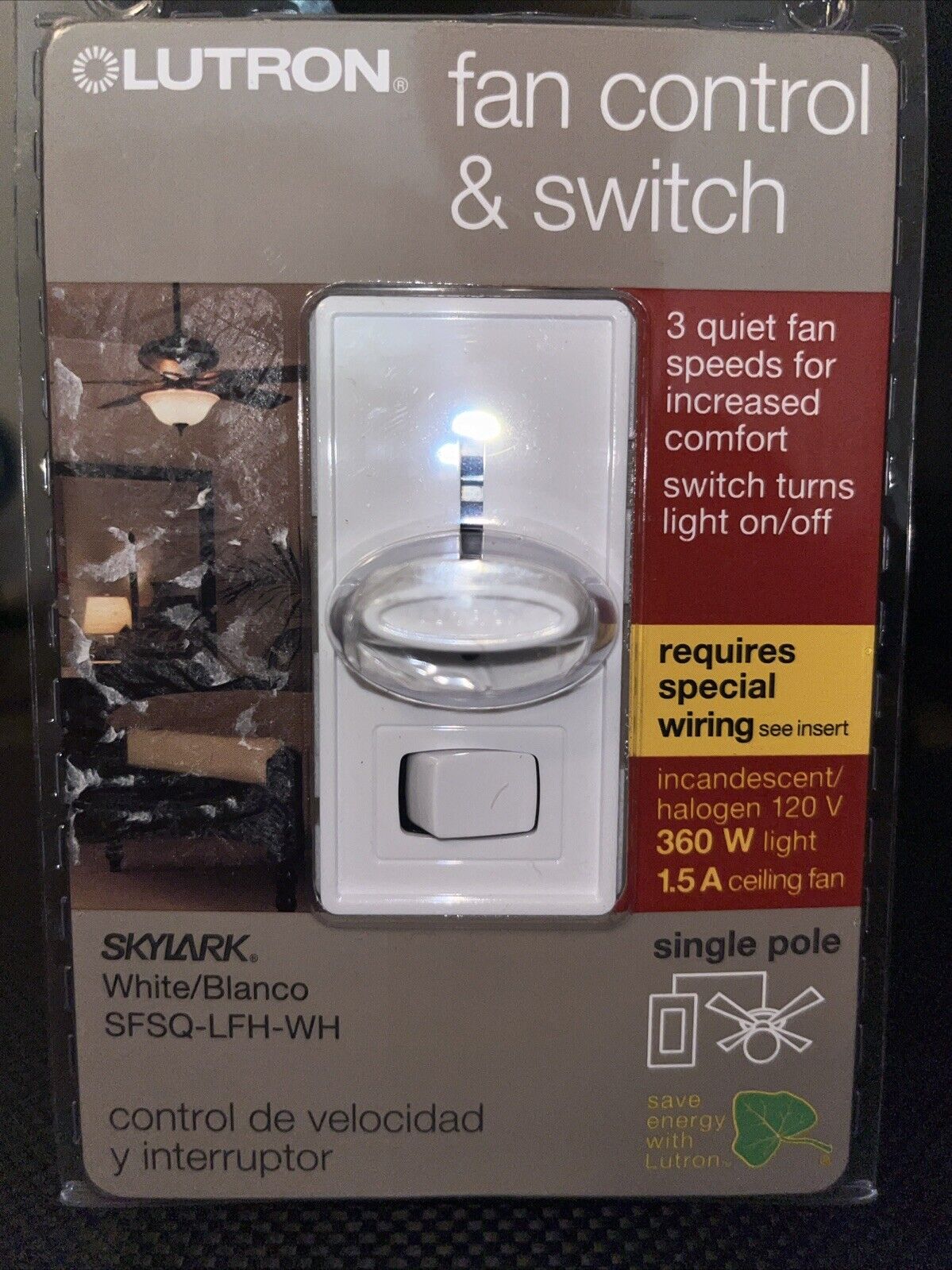 Lutron Fan Control & Switch 3 Fan Speeds On/Off Switch White SFSQ-LFH-WH