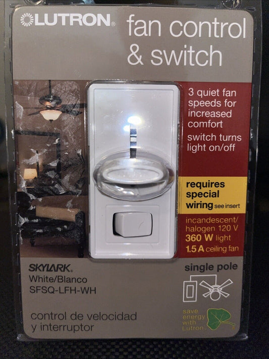 Lutron Fan Control & Switch 3 Fan Speeds On/Off Switch White SFSQ-LFH-WH