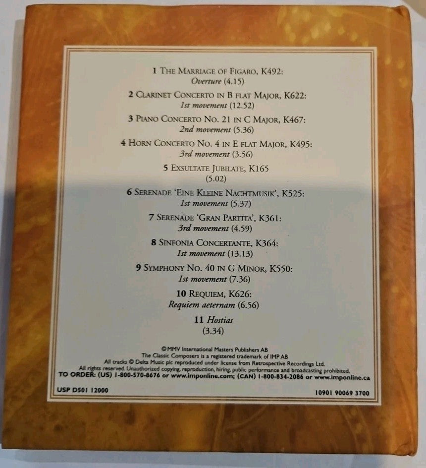 Wolfgang Mozart:Musical Masterpieces 2005 CD/Booklet,Classic Composers,11 Songs