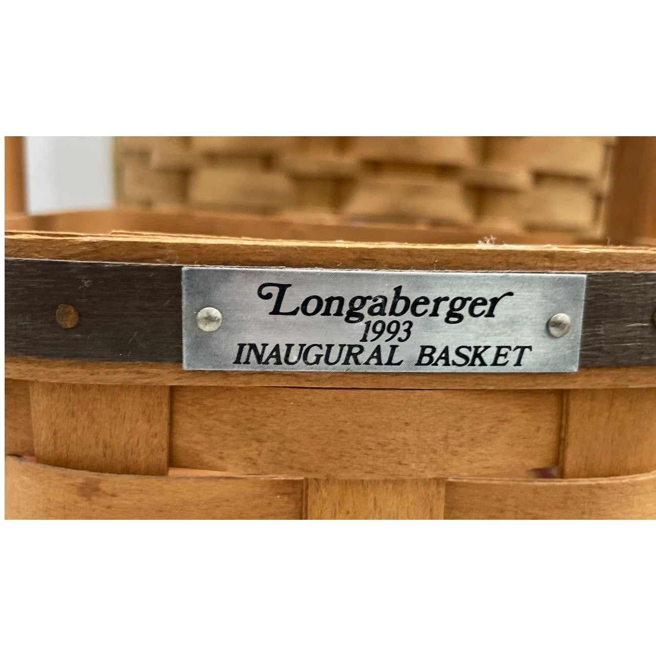 1993 Longaberger Inaugural Basket w/ Metal Plate + New Awning Stripe Liner Combo