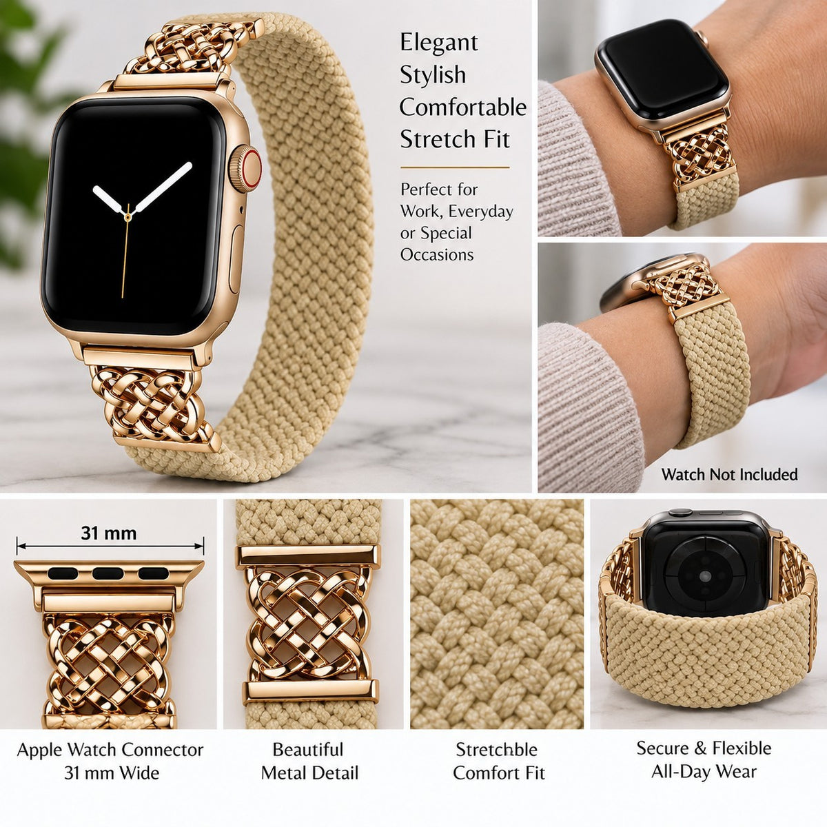Apple Watch Stretch Braided Band Beige Gold Metal 31mm Connector Elegant...