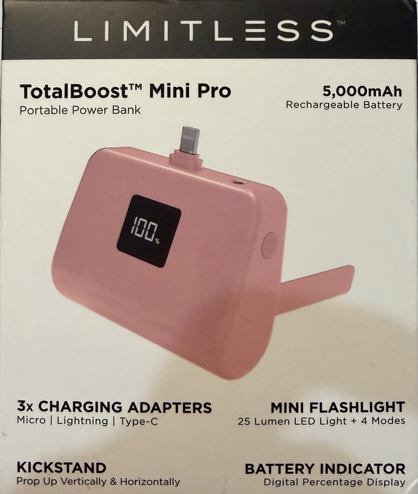 Limitless TotalBoost Mini Pro 5,000 mAh Portable Power Bank Pink with Kick Stand