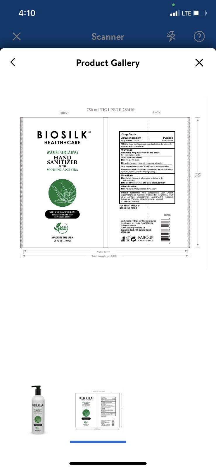 BioSilk Moisturizing Hand Sanitizer With Aloe Vera 25oz  - Combined Shipping