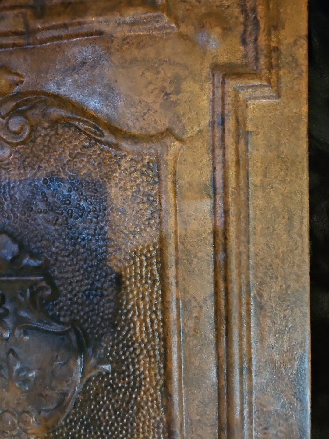 Bronze Colored Stamped Steel Fireplace Antique Cover ~27” x 22”