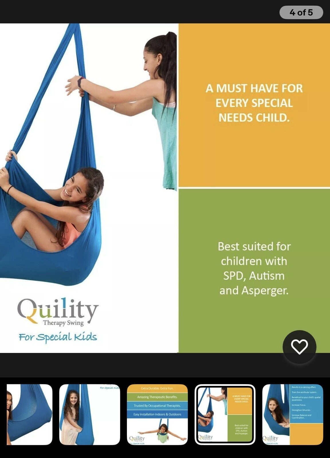 Quility Indoor Therapy Swing Hammock for Kids w/Special Needs 165 lbs, Blue NEW