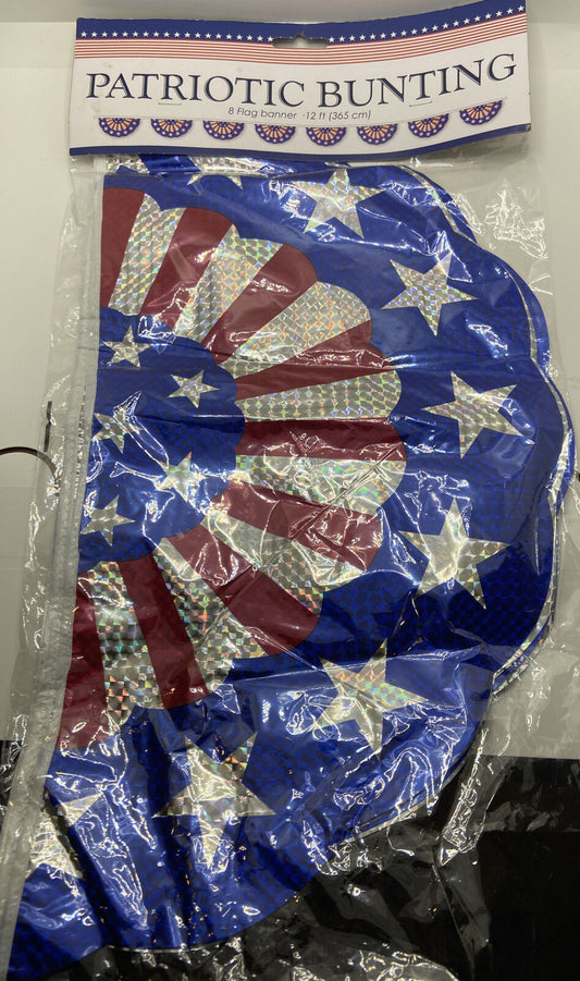 Patriotic Bunting 8 Flag Banner ~ Red White Blue Stars Memorial Veterans July 4E