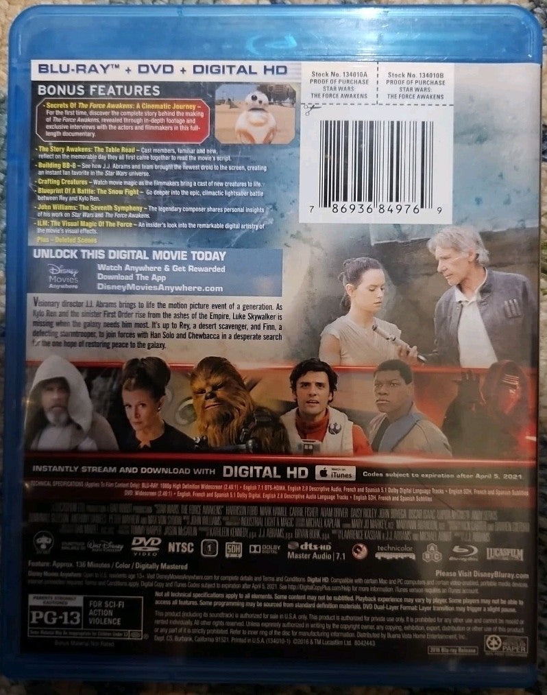 Star Wars: Episode VII: the Force Awakens (Blu-ray + DVD) No Digital Download