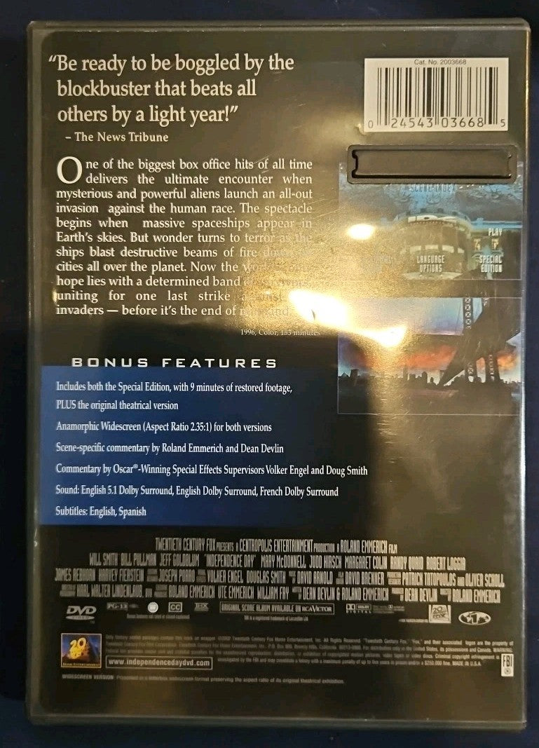 Independence Day (DVD, 2002, Single Disc)