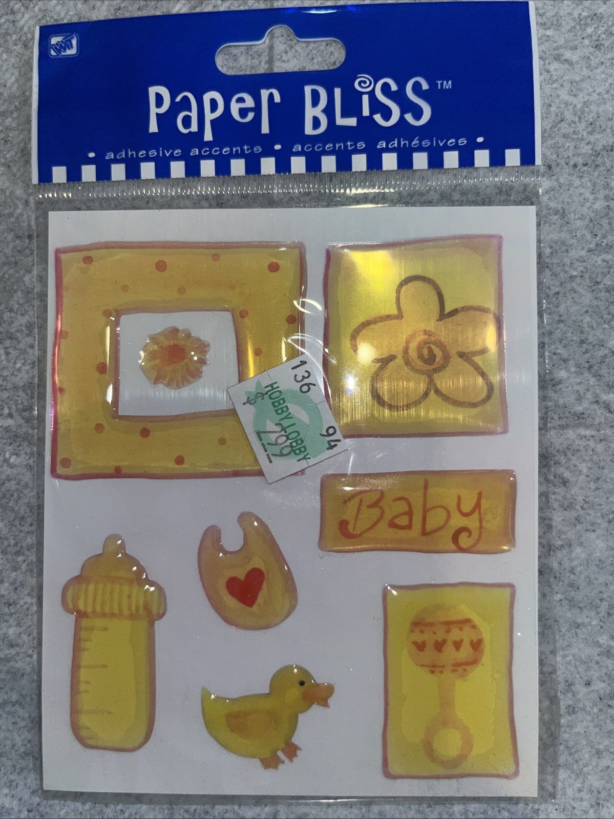 Westrim Paper Bliss Epoxy Stickers Baby Girl Flower Bottle Duck Bib 8 Pieces