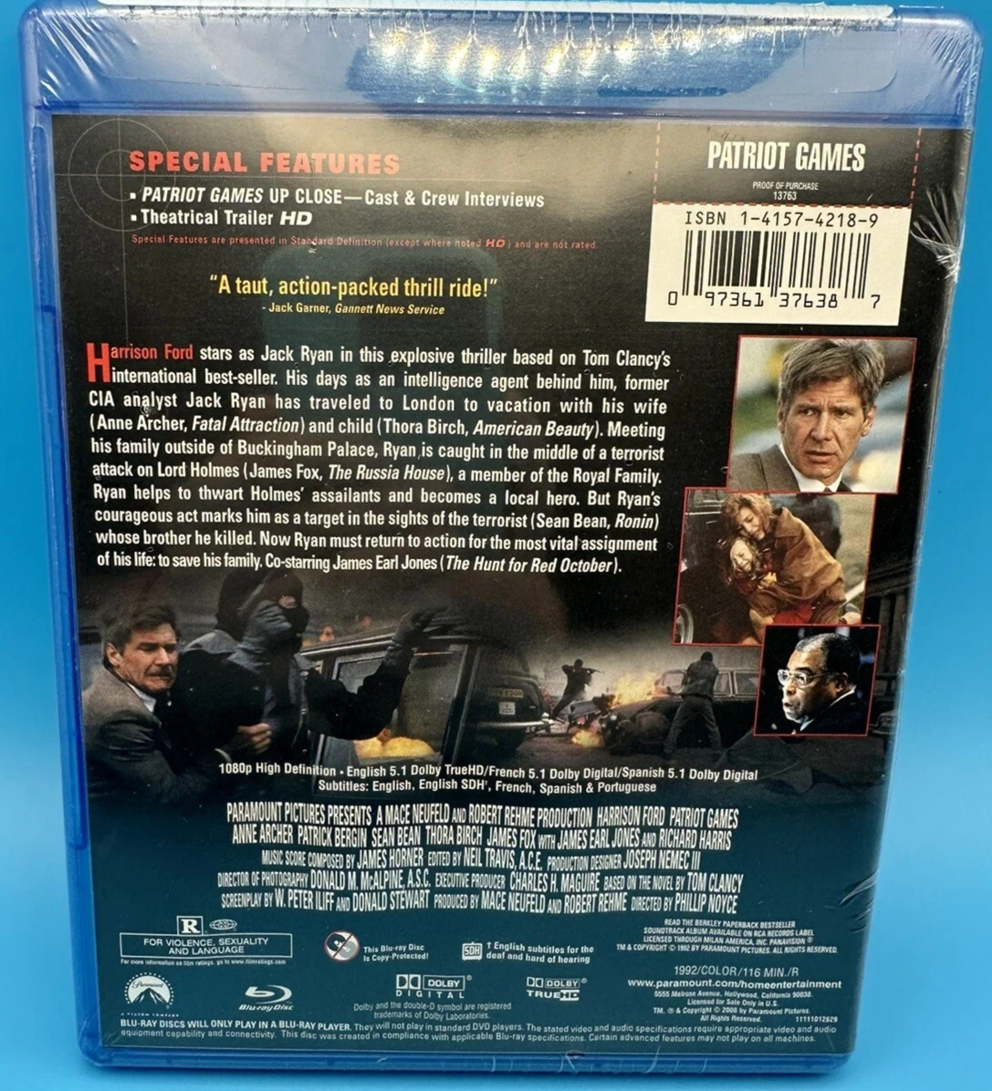 Patriot Games [Blu-ray/DVD]  Tested. New case.