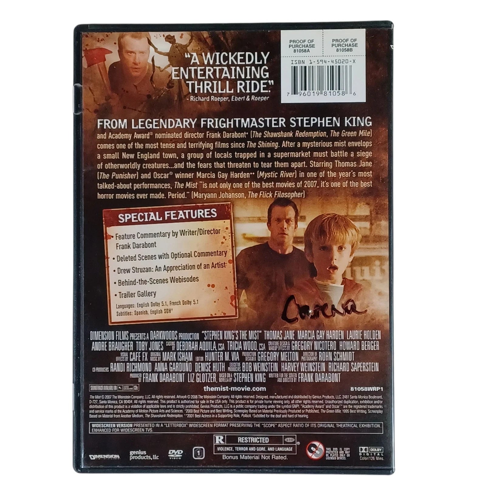 Stephen King’s The Mist  (DVD) 2007 Frank Darabont Horror Movie –