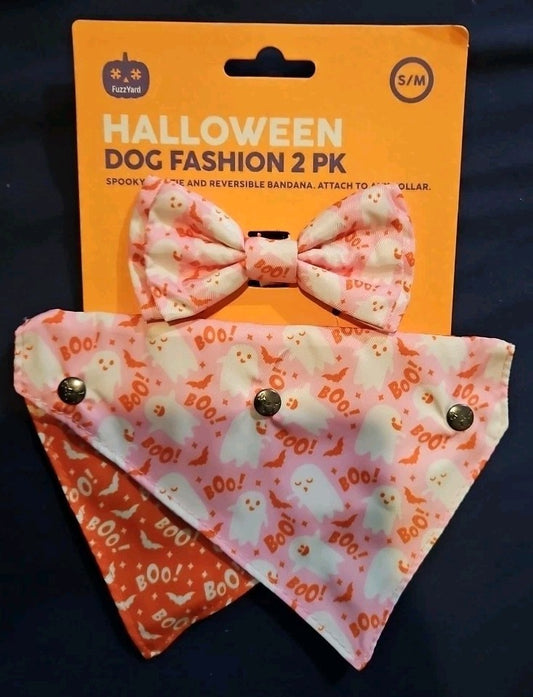 Halloween Dog Fashion 2 Pk Boo! Bow Tie And Reversible Bandana - New